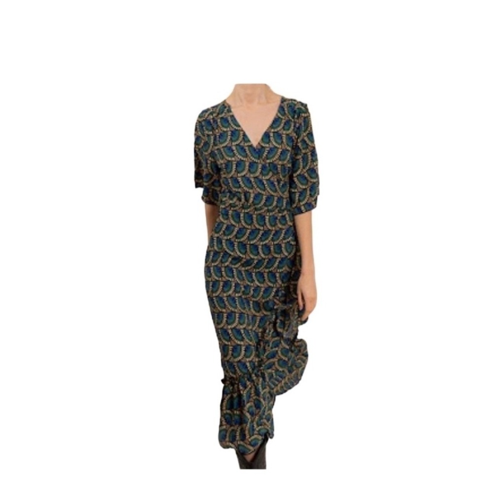 Silk & Salt Dress Western Preppy Teal Blue Geometric Fan Print Wrap Small